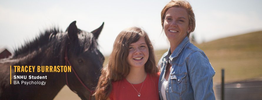Tracey Burraston and her daughter standing in front of a brown horse and the text Tracey Burraston, SNHU Student, BA Psychology.